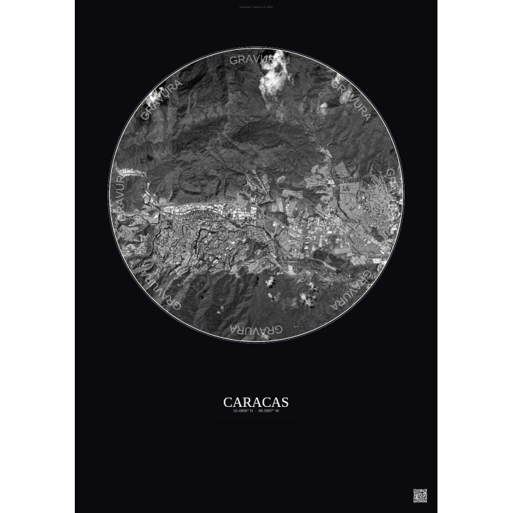 Caracas Satellite View Poster 6km B&W | Gravura – Dark background