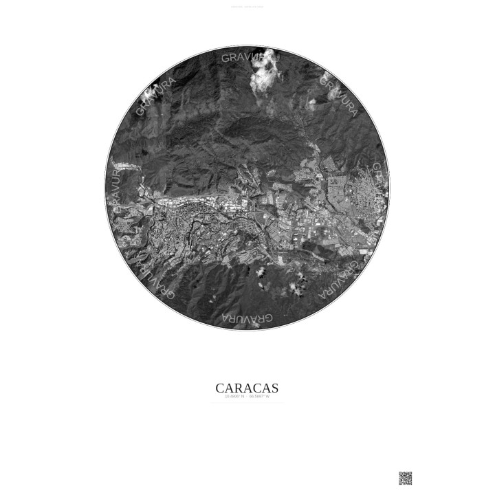 Caracas Satellite View Poster 6km B&W | Gravura – Light background