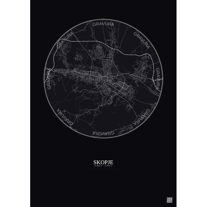 Affiche Skopje – Poster carte de ville 10km | Gravura – Fond foncé