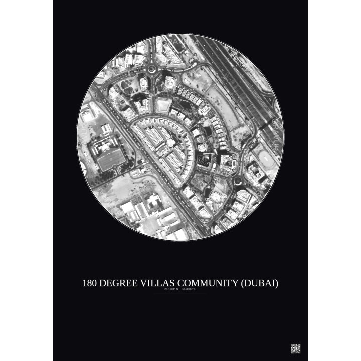 180 Degree Villas Community Satellite View Poster 0.5km B&W | Gravura – Dark background