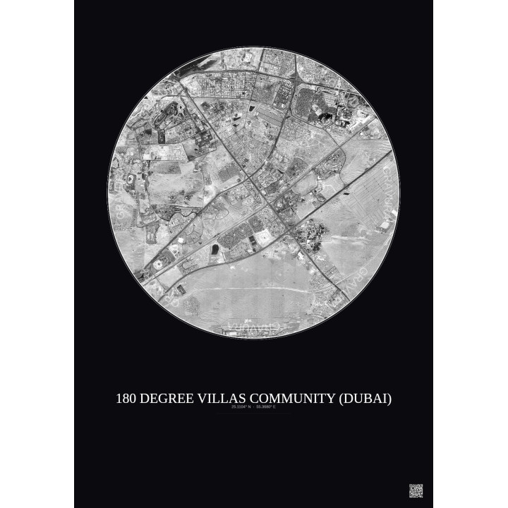 180 Degree Villas Community Satellite View Poster 10km B&W | Gravura – Dark background