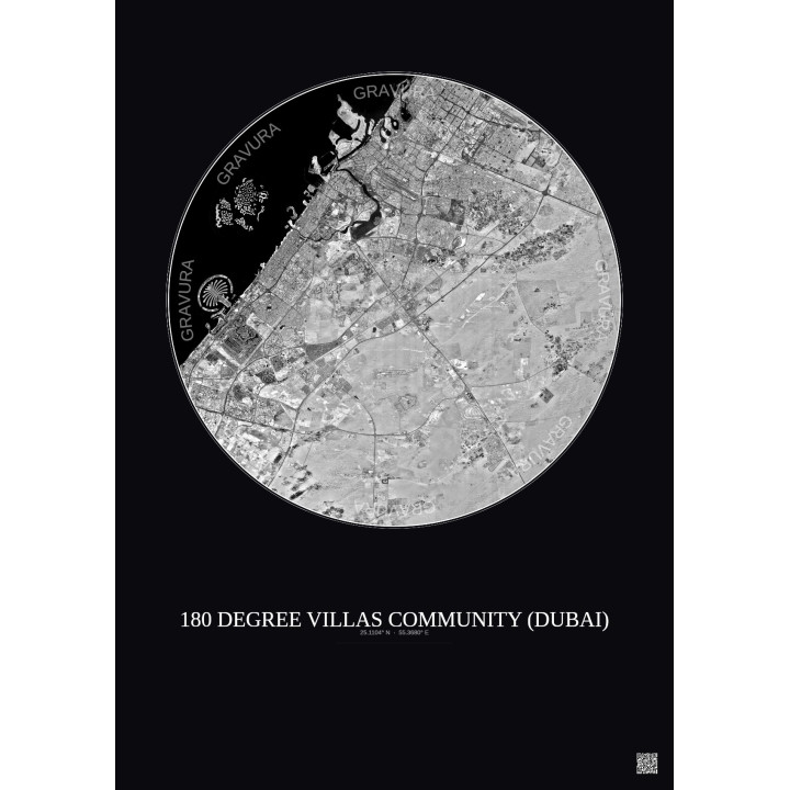 180 Degree Villas Community Satellite View Poster 30km B&W | Gravura – Dark background