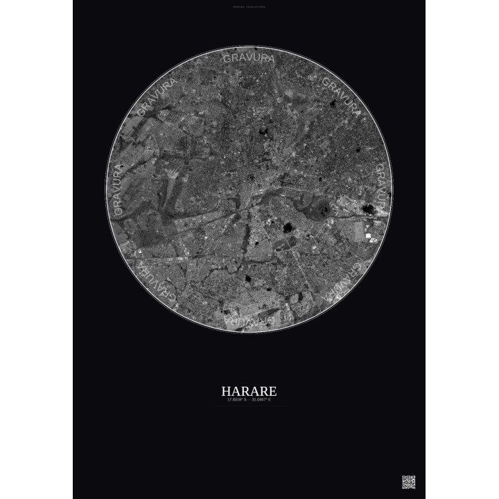 Harare Satellite View Poster 10km B&W | Gravura – Dark background