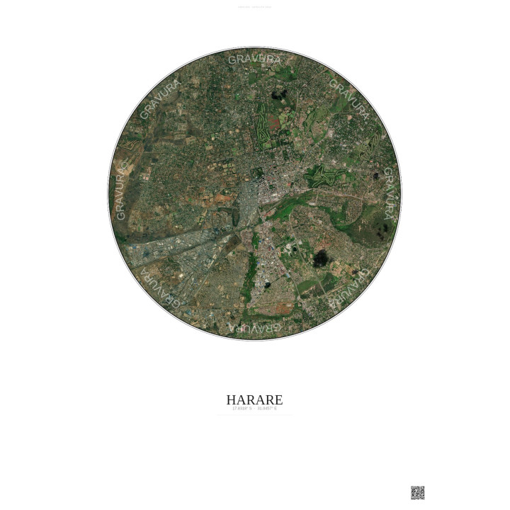 Harare Satellite View Poster 6km Color | Gravura – Light background