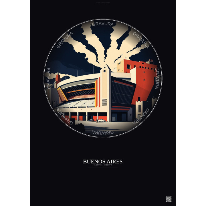 Affiche Buenos Aires – Poster illustration vintage – Mas Monumental Stadium | Gravura – Fond foncé