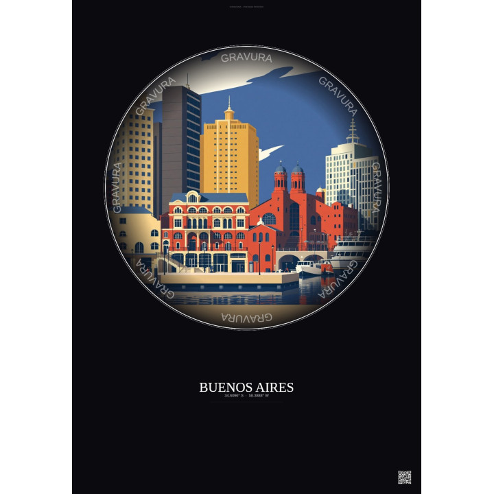 Affiche Buenos Aires – Poster illustration vintage – Puerto Madero | Gravura – Fond foncé