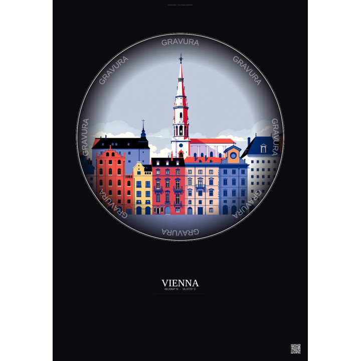 Affiche Vienna – Poster illustration vintage – Historic Old Town Of Vienna | Gravura – Fond foncé