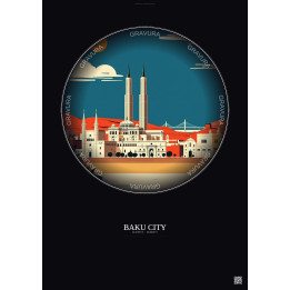 Affiche Baku City – Poster illustration vintage – Famous Viewpoint Of Baku City | Gravura – Fond foncé