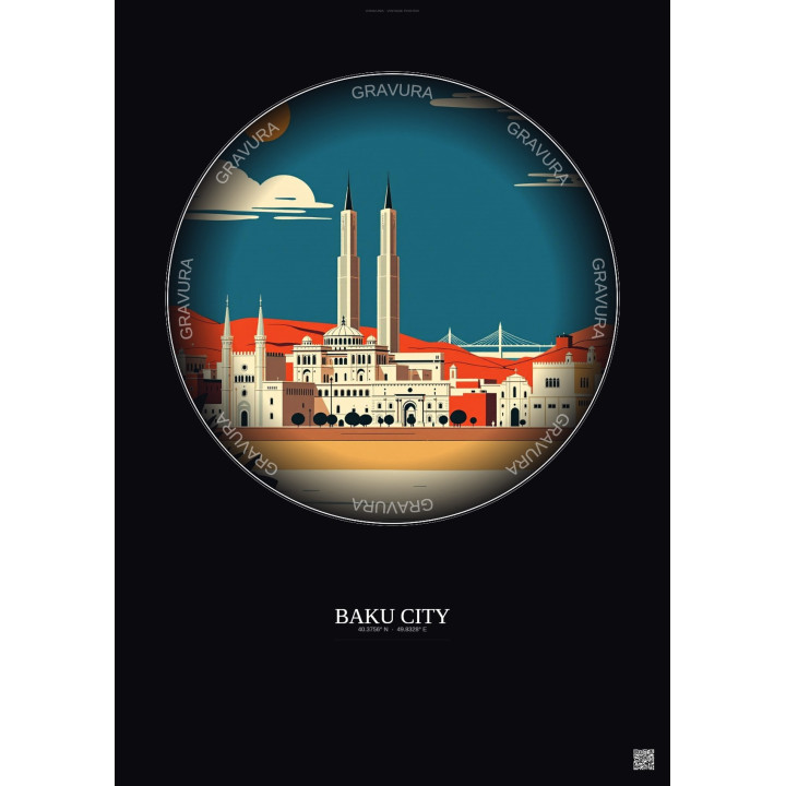 Baku City Vintage Travel Poster – Famous Viewpoint Of Baku City | Gravura – Dark background