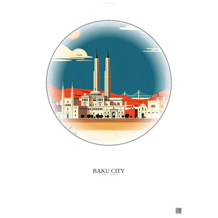 Affiche Baku City – Poster illustration vintage – Famous Viewpoint Of Baku City | Gravura – Fond clair