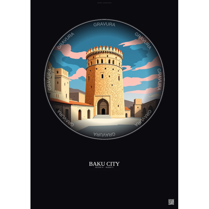 Baku City Vintage Travel Poster – Historic Old Town Of Baku City | Gravura – Dark background