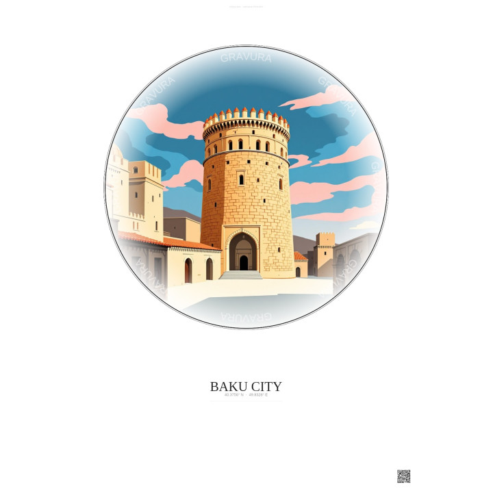 Affiche Baku City – Poster illustration vintage – Historic Old Town Of Baku City | Gravura – Fond clair