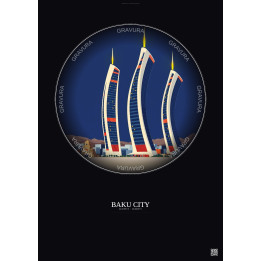 Baku City Vintage Travel Poster – Most Iconic Landmark Of Baku City | Gravura – Dark background