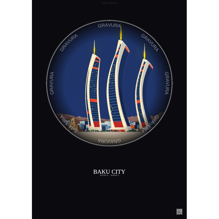 Affiche Baku City – Poster illustration vintage – Most Iconic Landmark Of Baku City | Gravura – Fond foncé