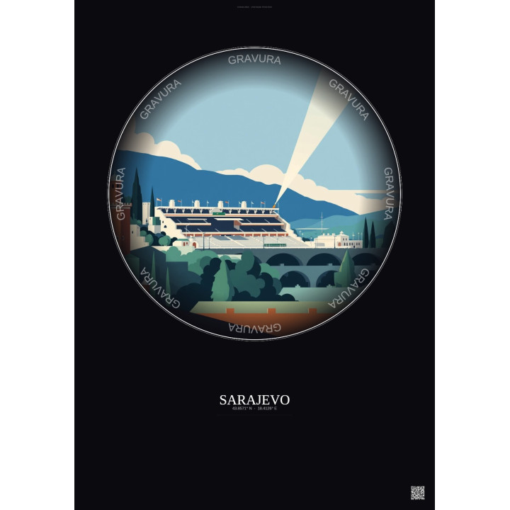 Sarajevo Vintage Travel Poster – Stadion Grbavica | Gravura – Dark background