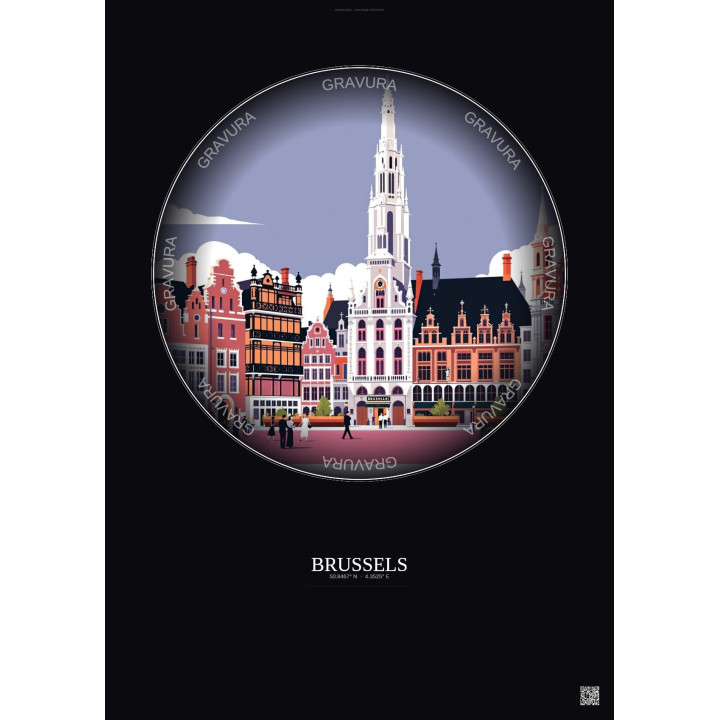 Brussels Vintage Travel Poster – Grand Place | Gravura – Dark background