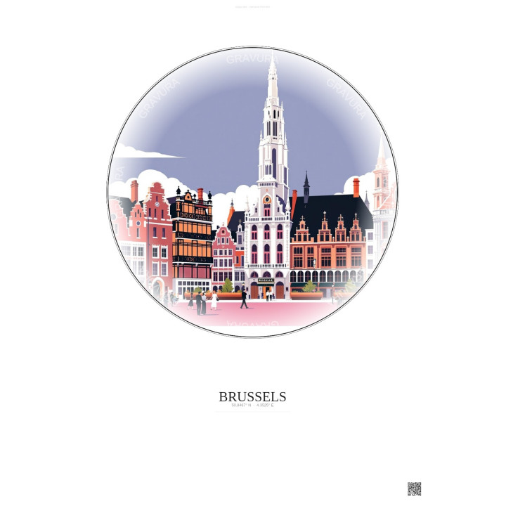 Affiche Brussels – Poster illustration vintage – Grand Place | Gravura – Fond clair