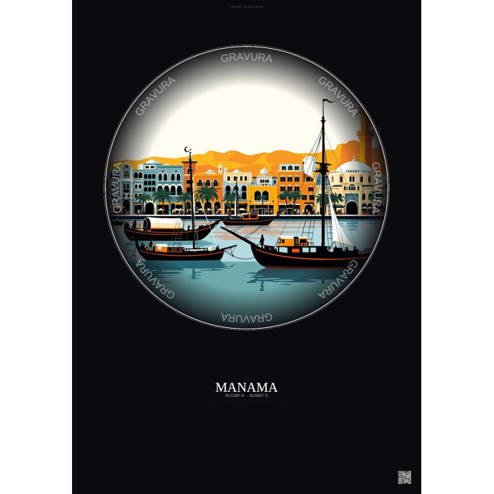 Affiche Manama – Poster illustration vintage – Manama | Gravura – Fond foncé