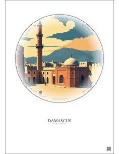 Damascus Vintage Travel Poster – Umayyad Mosque | Gravura – Light background 2