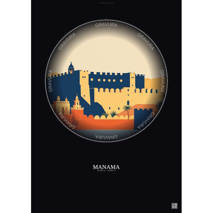 Manama Vintage Travel Poster – Qalat Al Bahrain | Gravura – Dark background