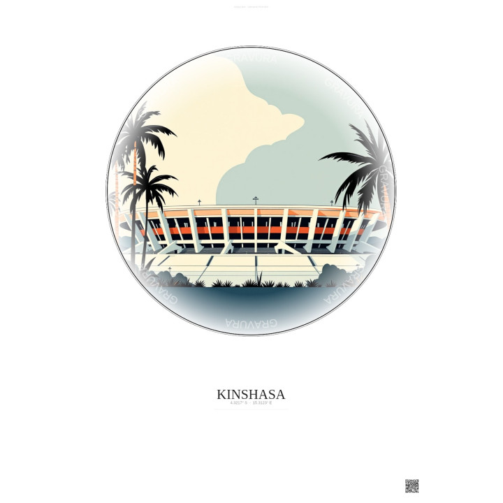Affiche Kinshasa – Poster illustration vintage – Martyrs Stadium | Gravura – Fond clair