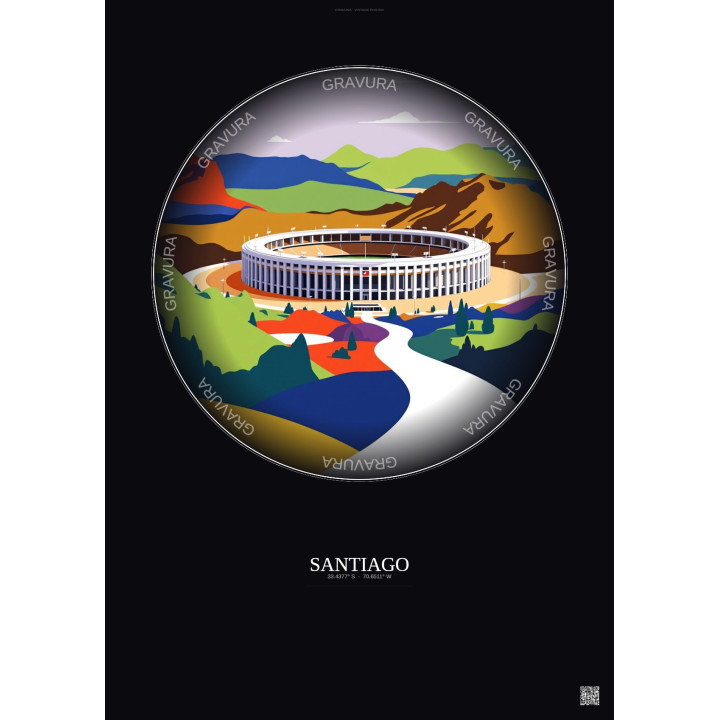 Affiche Santiago – Poster illustration vintage – Estadio Monumental | Gravura – Fond foncé
