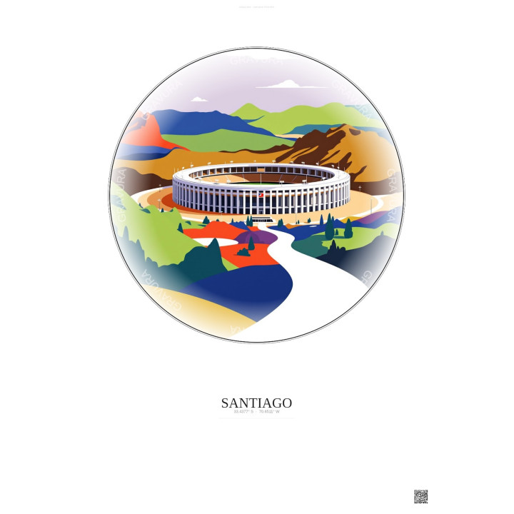 Santiago Vintage Travel Poster – Estadio Monumental | Gravura – Light background