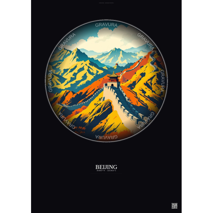 Affiche Beijing – Poster illustration vintage – Famous Viewpoint Of Beijing | Gravura – Fond foncé