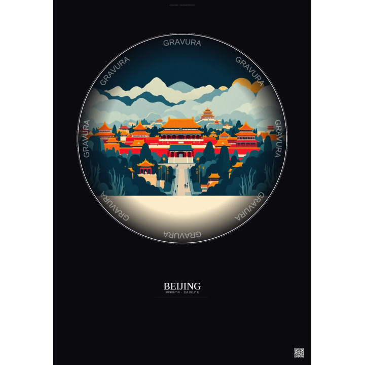 Affiche Beijing – Poster illustration vintage – Historic Old Town Of Beijing | Gravura – Fond foncé