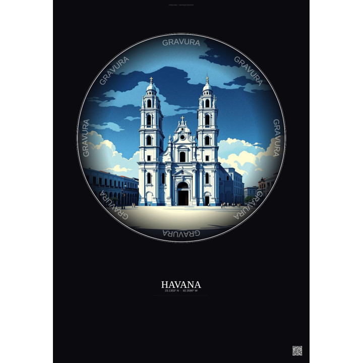 Havana Vintage Travel Poster – Havana Cathedral | Gravura – Dark background
