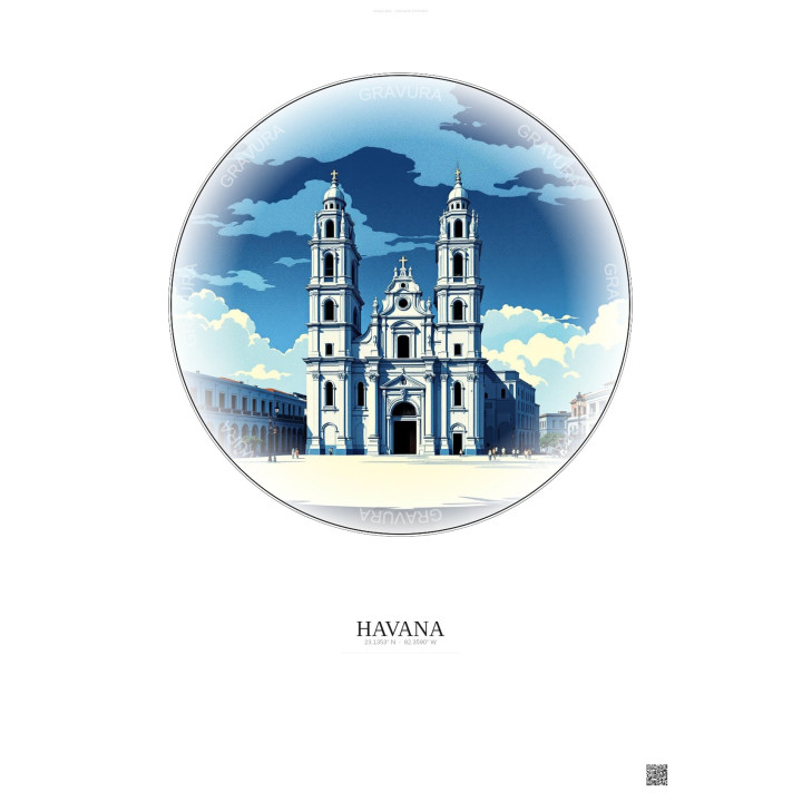Havana Vintage Travel Poster – Havana Cathedral | Gravura – Light background