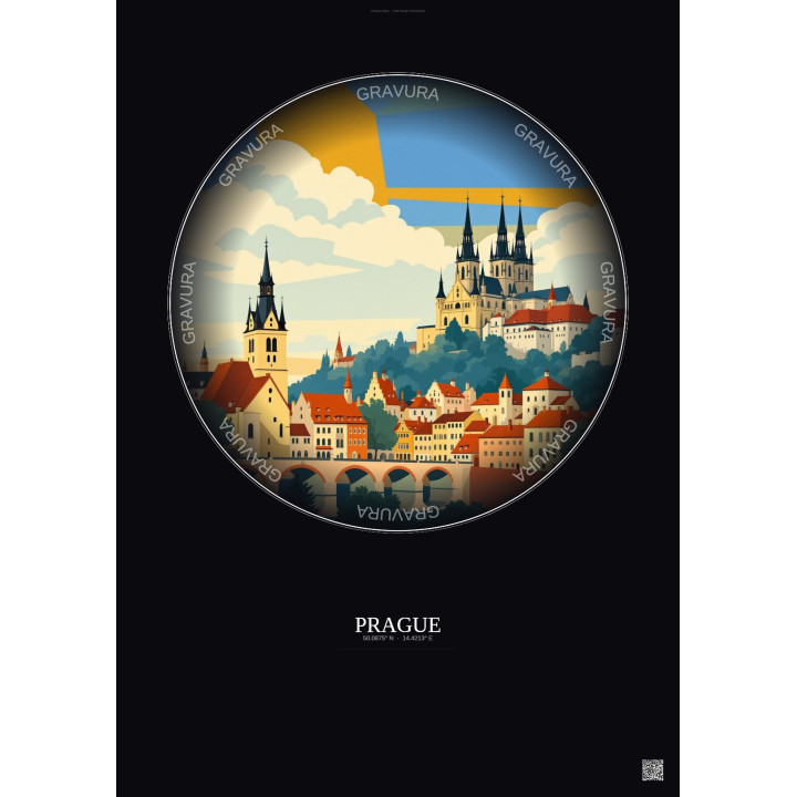 Affiche Prague – Poster illustration vintage – Historic Old Town Of Prague | Gravura – Fond foncé