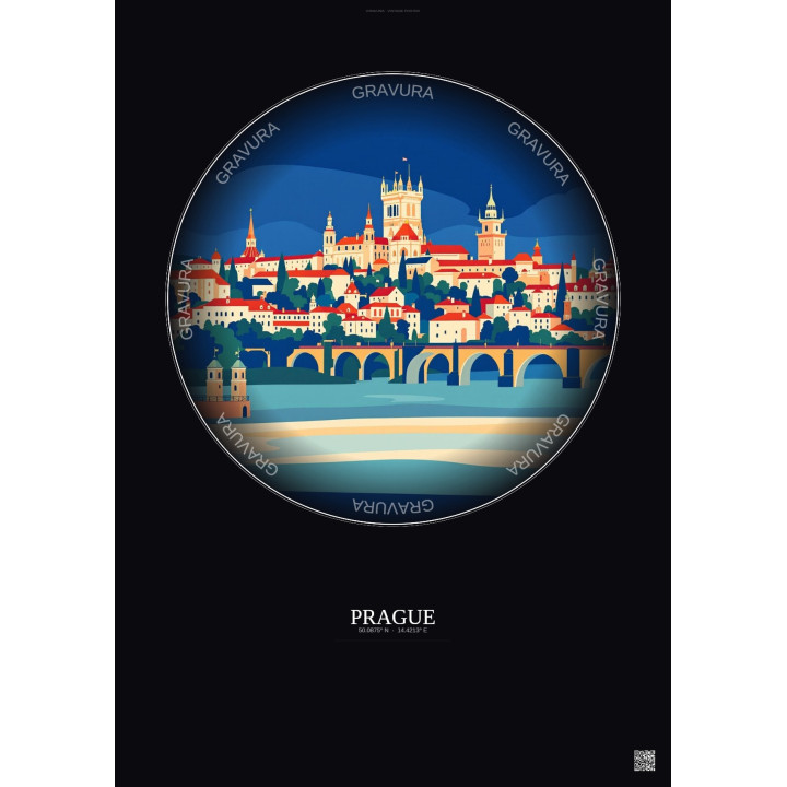 Prague Vintage Travel Poster – Most Iconic Landmark Of Prague | Gravura – Dark background