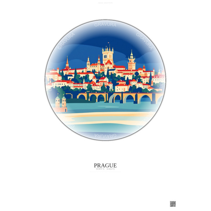 Affiche Prague – Poster illustration vintage – Most Iconic Landmark Of Prague | Gravura – Fond clair