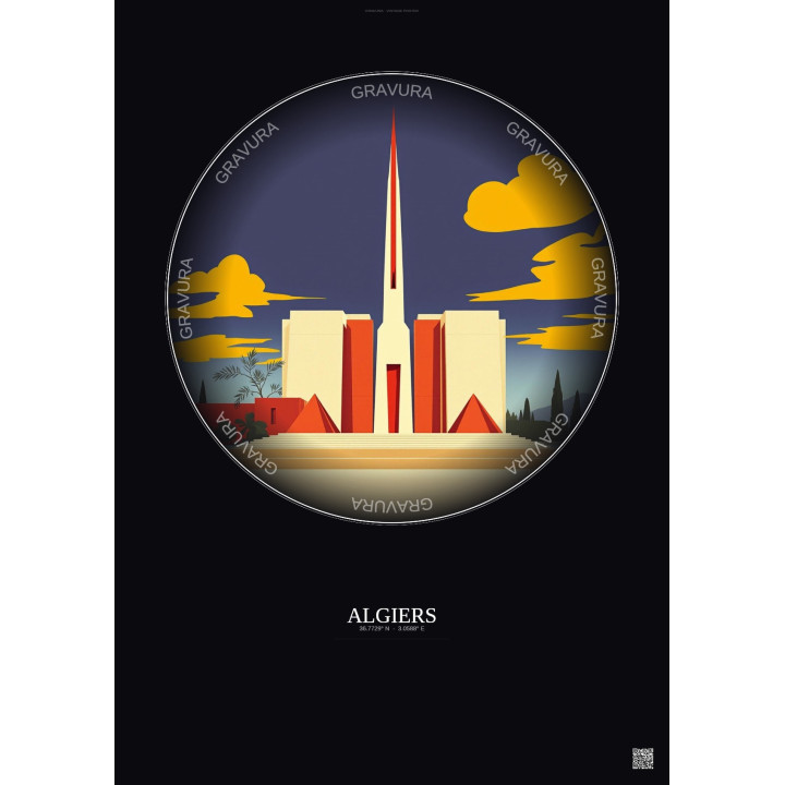 Algiers Vintage Travel Poster – Martyrs Memorial | Gravura – Dark background