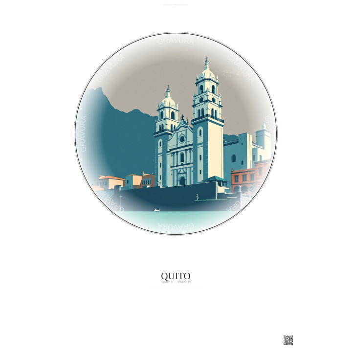 Quito Vintage Travel Poster – Cathedral Of Quito | Gravura – Light background
