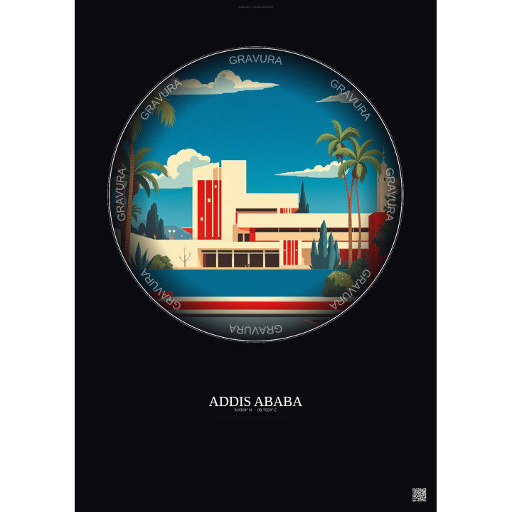 Affiche Addis Ababa – Poster illustration vintage – National Museum Of Ethiopia | Gravura – Fond foncé
