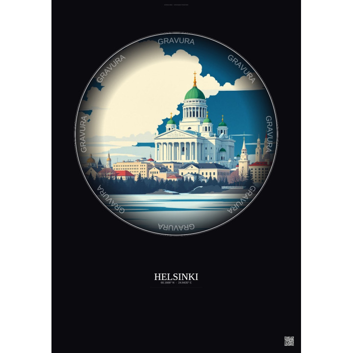 Affiche Helsinki – Poster illustration vintage – Helsinki Cathedral | Gravura – Fond foncé