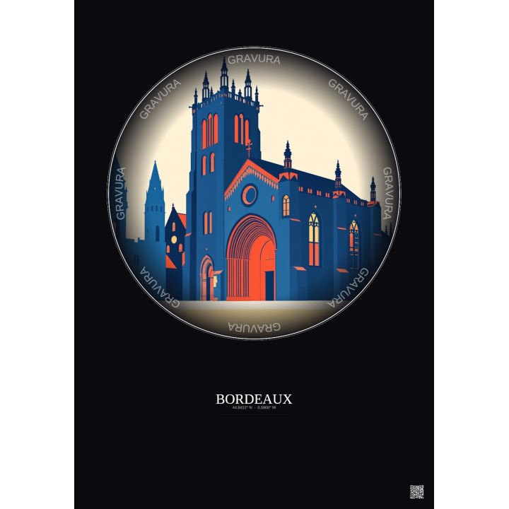 Affiche Bordeaux – Poster illustration vintage – Cathedrale Saint Andre De Bordeaux | Gravura – Fond foncé