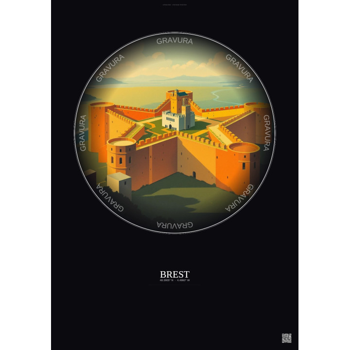 Brest Vintage Travel Poster – Brest Fortress | Gravura – Dark background