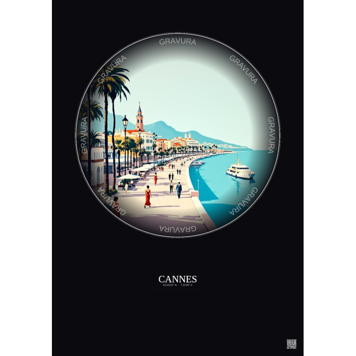 Affiche Cannes – Poster illustration vintage – Promenade De La Croisette | Gravura – Fond foncé