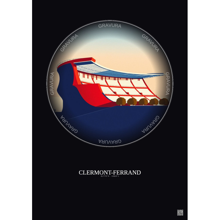 Clermont Ferrand Vintage Travel Poster – Stade Gabriel Montpied | Gravura – Dark background