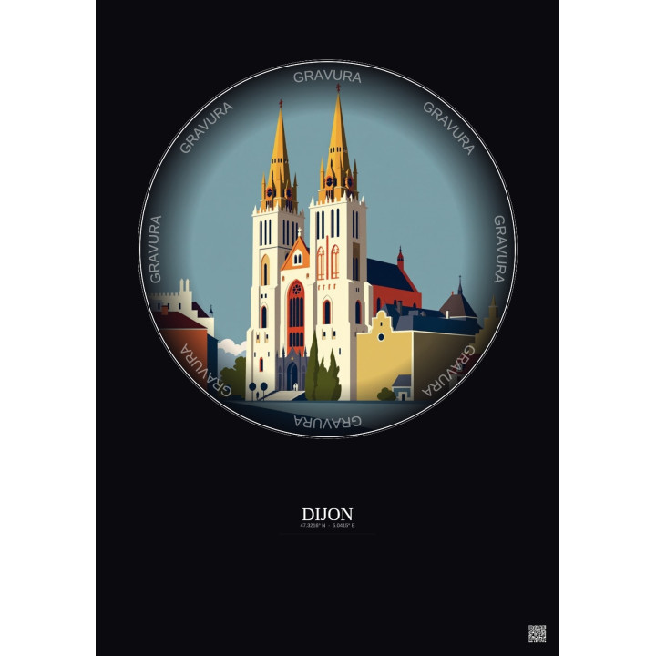 Dijon Vintage Travel Poster – Cathedrale Saint Benigne De Dijon | Gravura – Dark background
