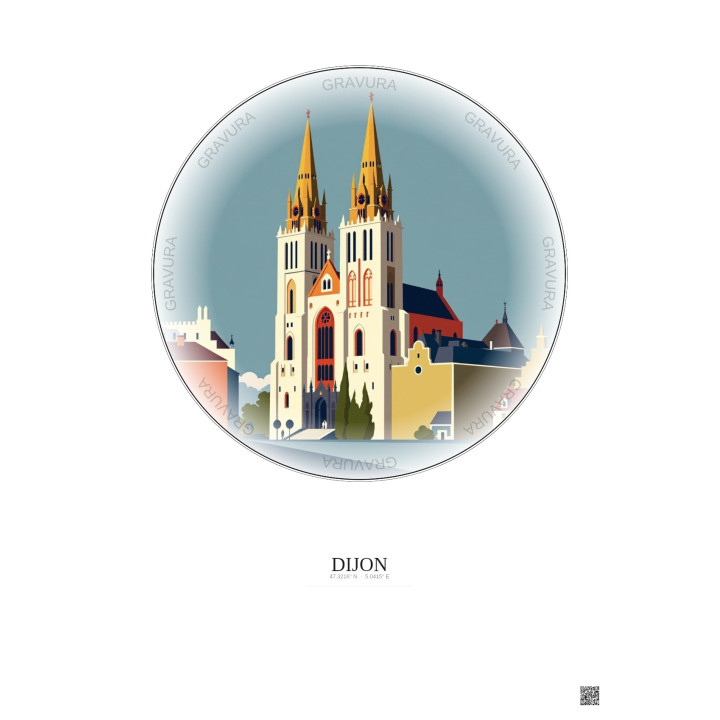 Dijon Vintage Travel Poster – Cathedrale Saint Benigne De Dijon | Gravura – Light background