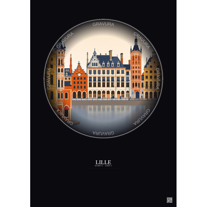 Affiche Lille – Poster illustration vintage – Lille | Gravura – Fond foncé