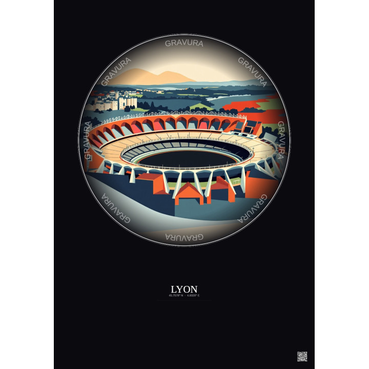 Lyon Vintage Travel Poster – Stade De Gerland | Gravura – Dark background