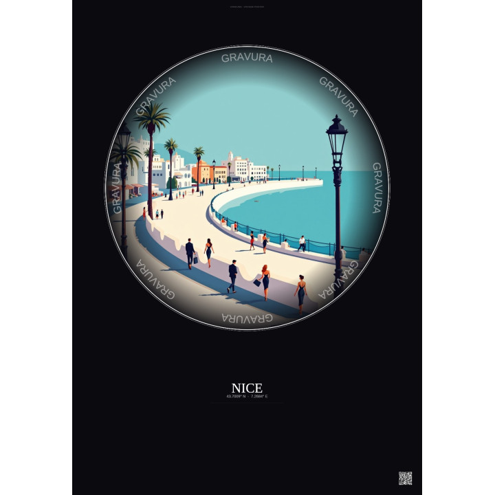 Affiche Nice – Poster illustration vintage – Promenade Des Anglais | Gravura – Fond foncé