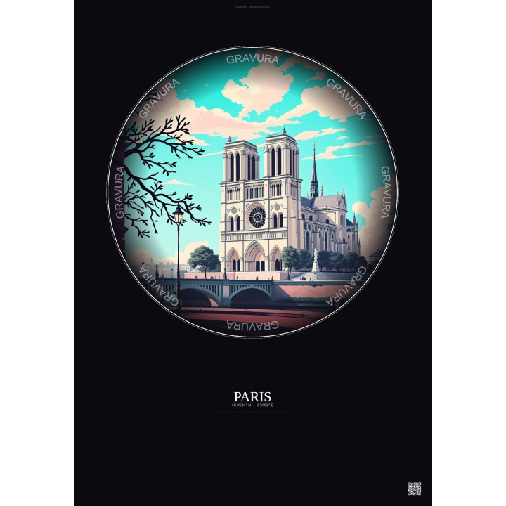 Affiche Paris – Poster illustration vintage – Notre Dame Cathedral | Gravura – Fond foncé
