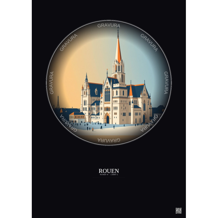 Affiche Rouen – Poster illustration vintage – Cathedrale Notre Dame De Rouen | Gravura – Fond foncé