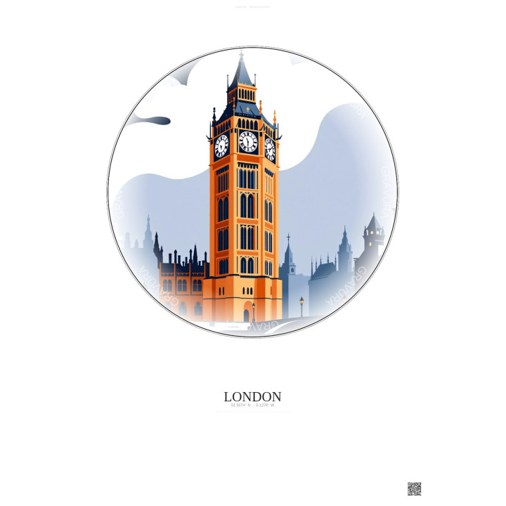 Affiche London – Poster illustration vintage – Big Ben | Gravura – Fond clair
